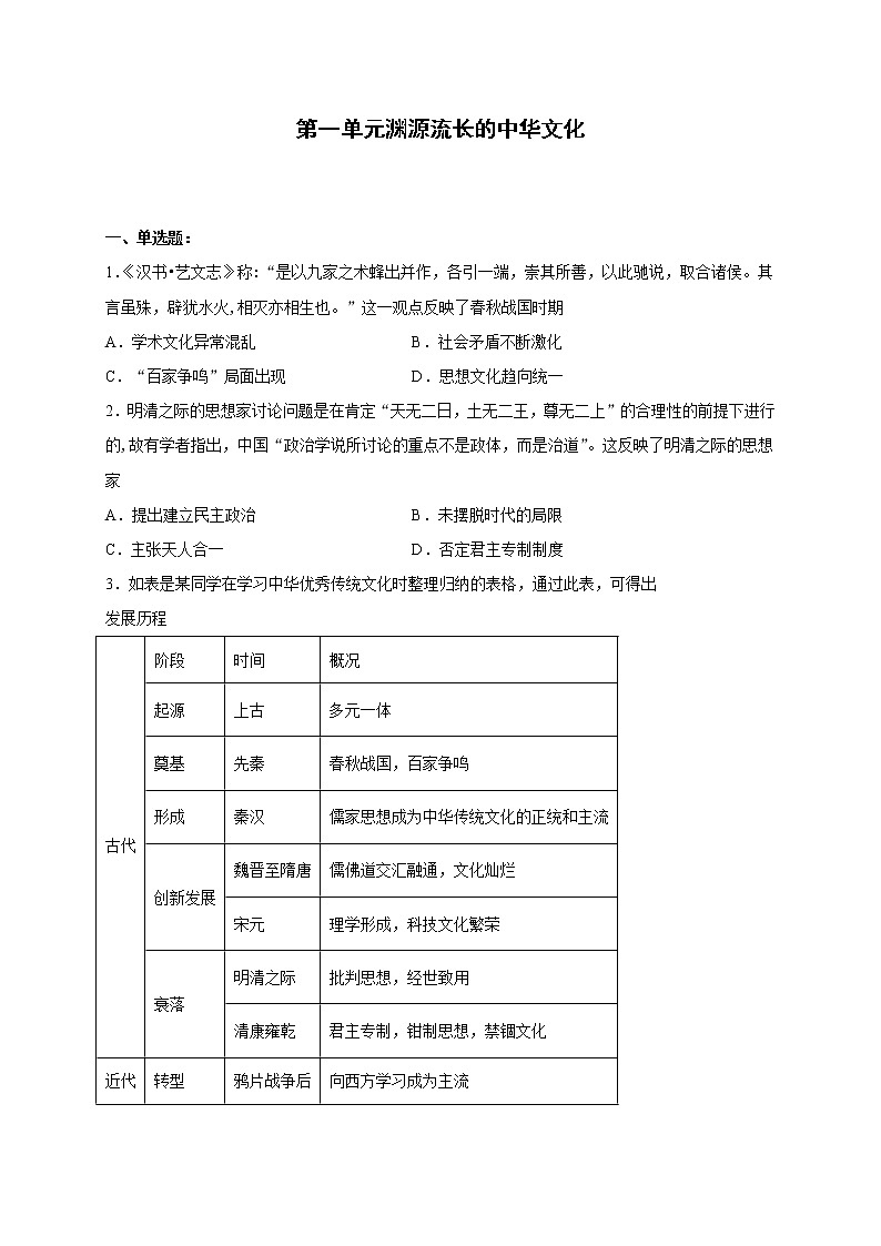 第一单元渊源流长的中华文化单元检测-2022-2023学年高二历史选择性必修三文化交流与传播01