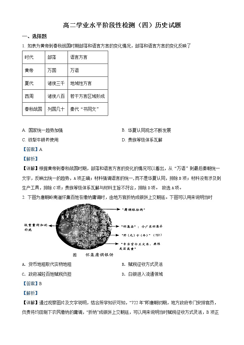 精品解析：山东省烟台市2021-2022学年高二下学期期末考试历史试题（解析版）第1页