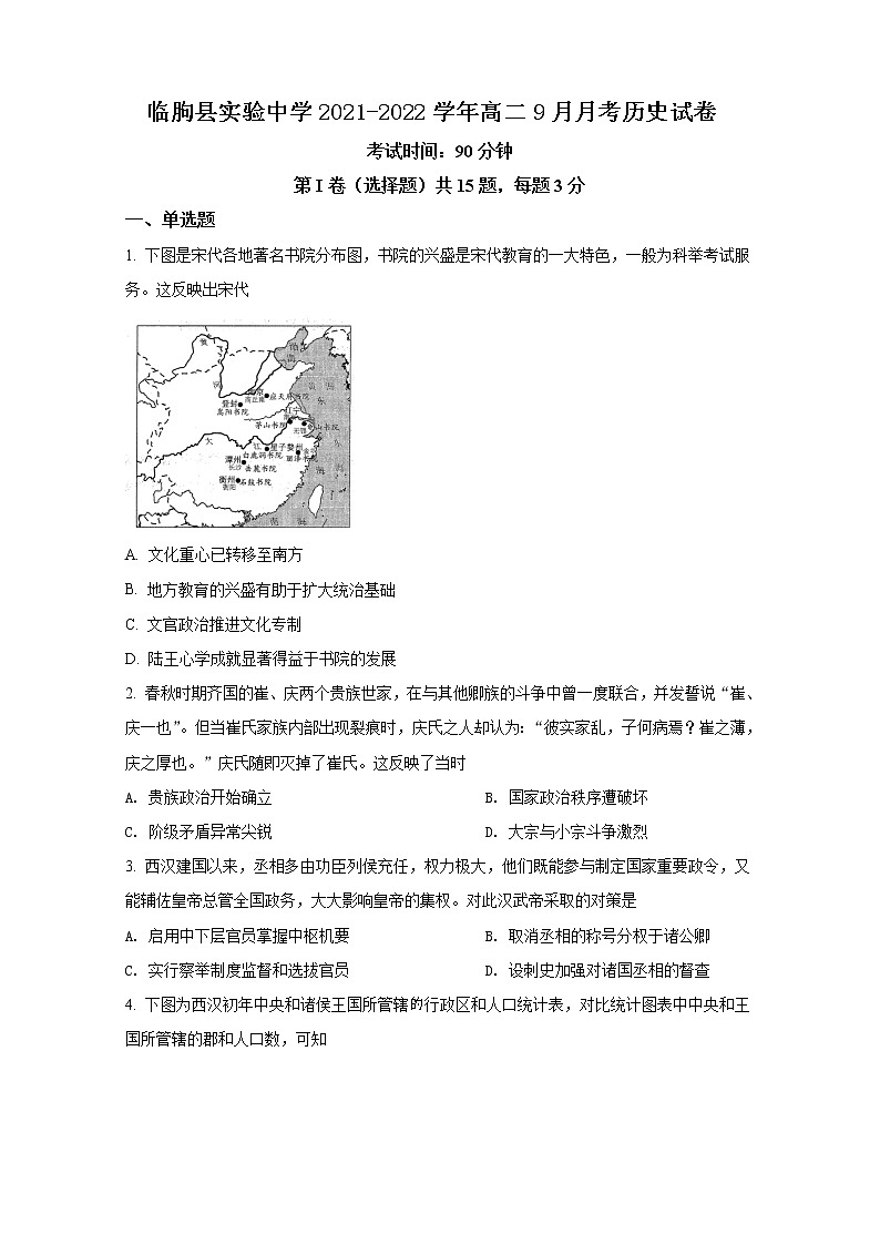 2021-2022学年山东省临朐县实验中学高二9月月考历史试题含答案第1页