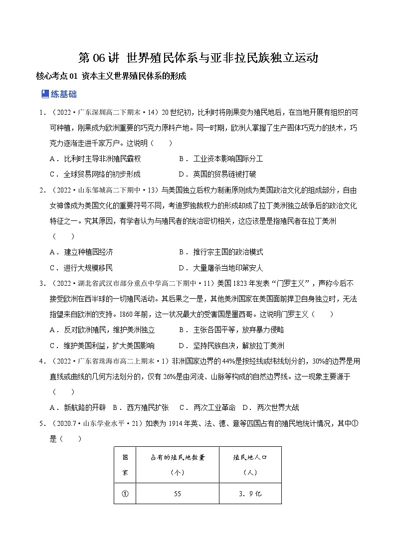 第06讲  世界殖民体系与亚非拉民族独立运动（学生版）第1页