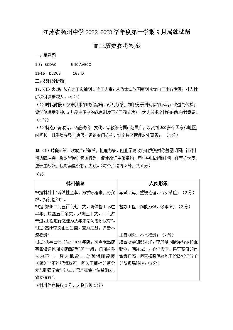 扬州中学2020级高三9月周练历史答案第1页