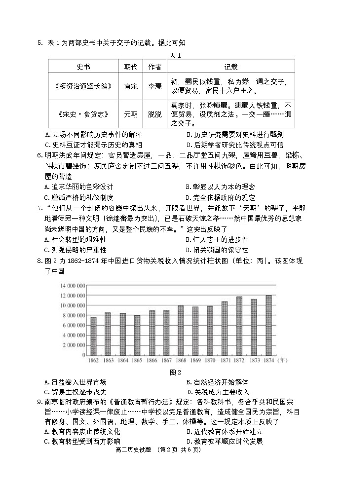 江苏省淮安市2021-2022学年高二下学期期末调研测试历史试卷第2页