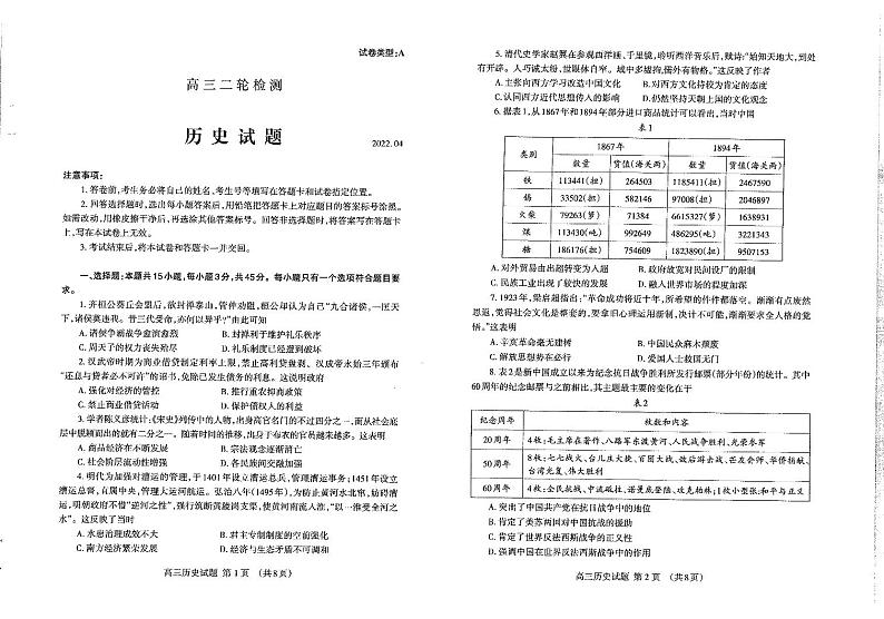 山东省泰安市2022届高三下学期二轮检测（4月）历史试题PDF版无答案第1页