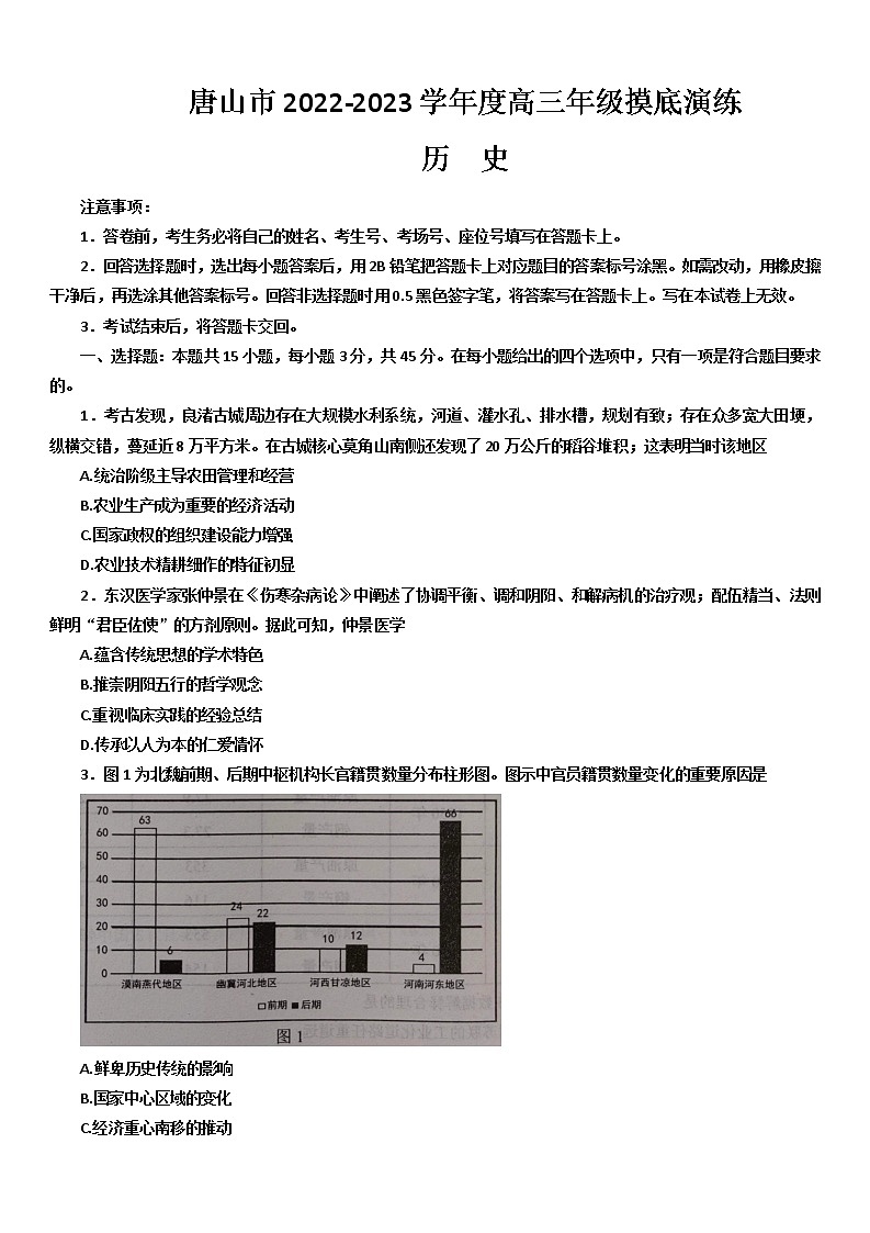 河北省唐山市2022-2023学年高三上学期开学摸底演练历史试题（含答案）第1页