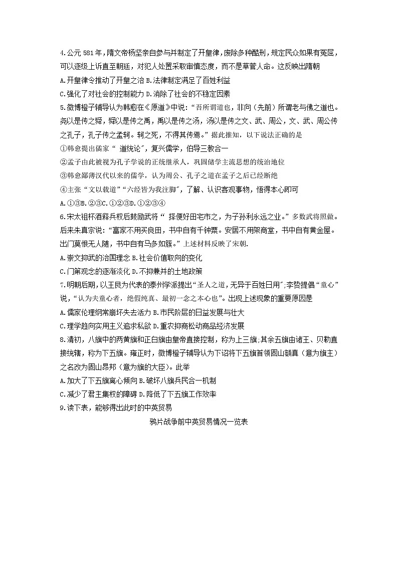 2023重庆市巴蜀中学高三上学期适应性月考（二）历史含答案 试卷02
