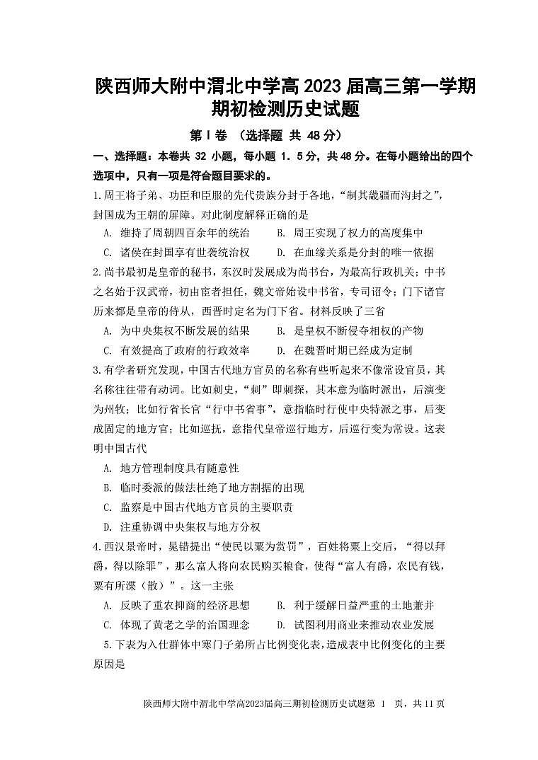 陕西师范大学附属中学、渭北中学等2023届高三上学期期初检测联考历史试题PDF版第1页