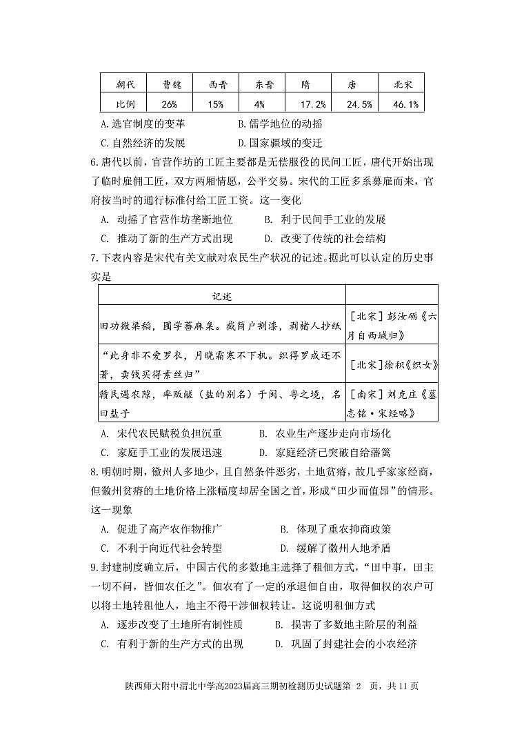 陕西师范大学附属中学、渭北中学等2023届高三上学期期初检测联考历史试题PDF版第2页