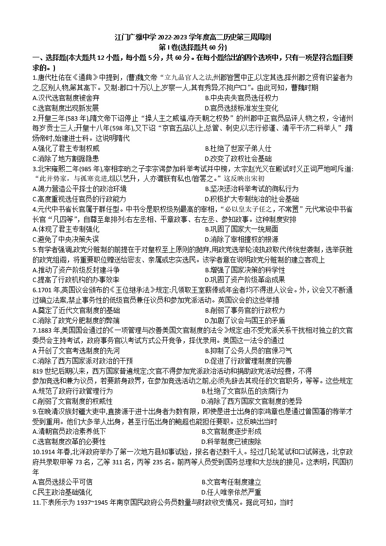 广东省江门市广雅中学2022-2023学年高二上学期第三周周测历史试题01