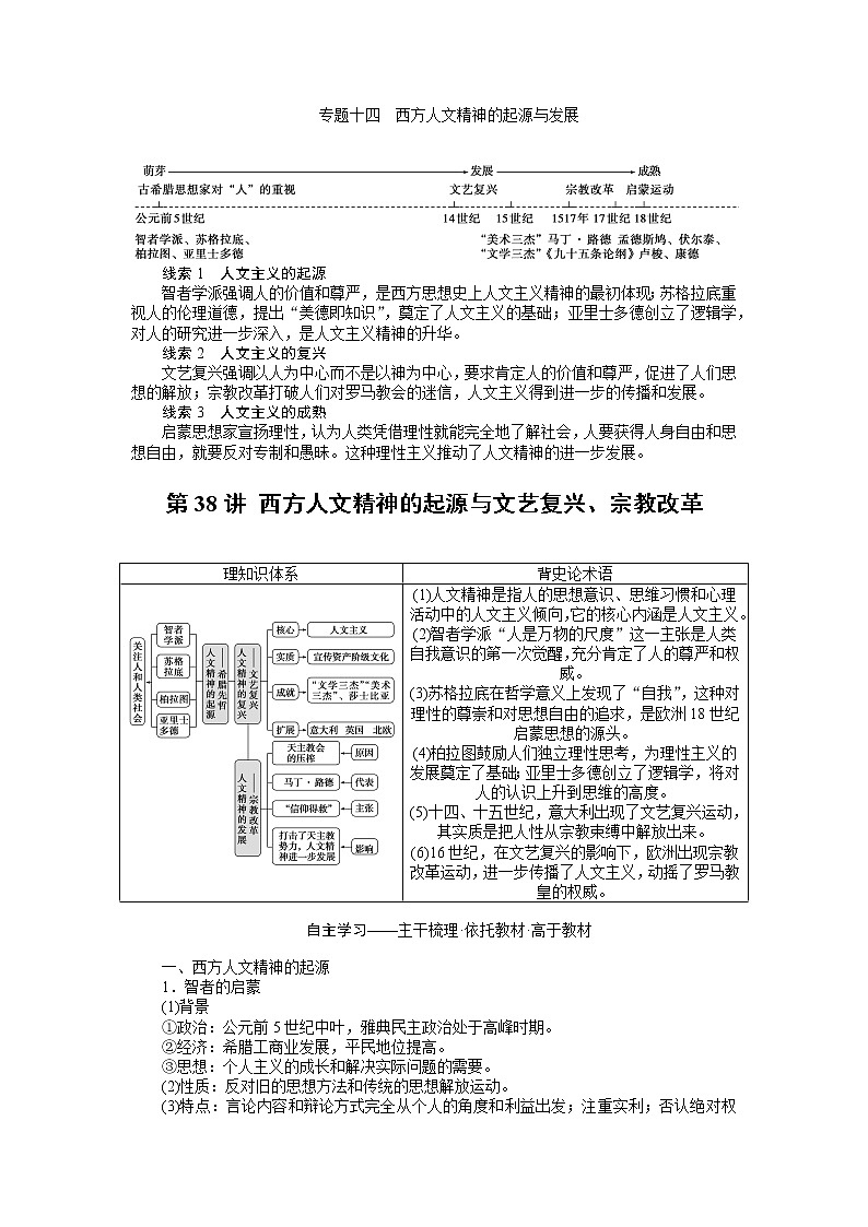 2023年高考历史一轮复习第38讲西方人文精神的起源与文艺复兴、宗教改革课件+学案+课时练习01