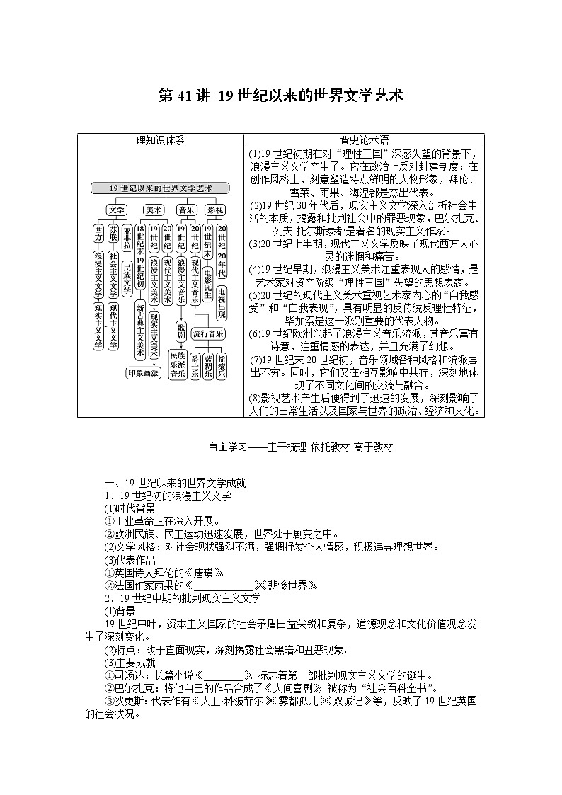2023年高考历史一轮复习第41讲19世纪以来的世界文学艺术课件+学案+课时练习01