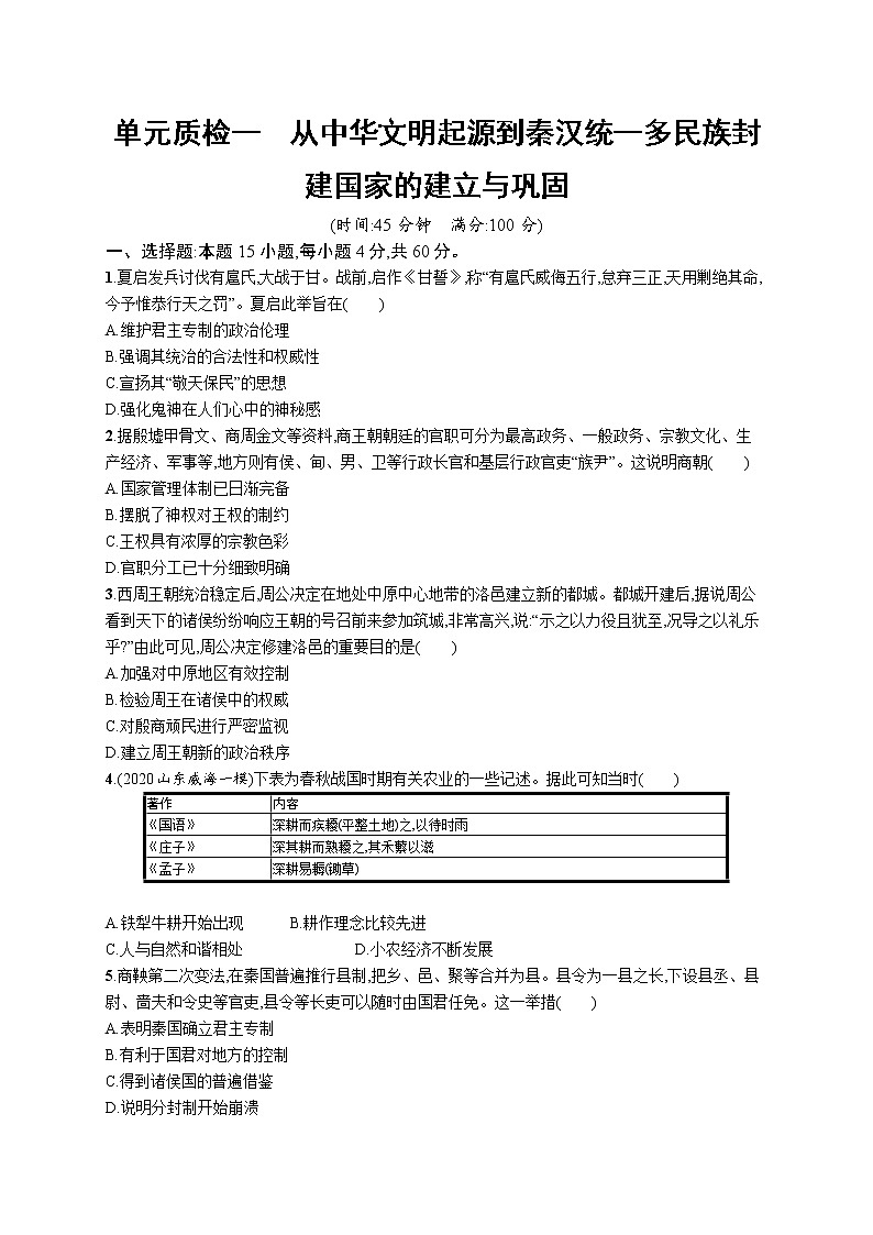2022高考历史总复习一轮第一单元　从中华文明起源到秦汉统一多民族封建国家的建立与巩固课件+单元测试+课时练习01
