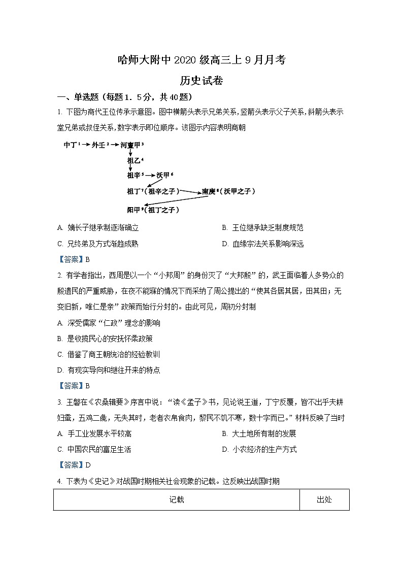 黑龙江省哈尔滨师范大学附属中学2023届高三上学期9月月考历史试题（Word版附答案）01