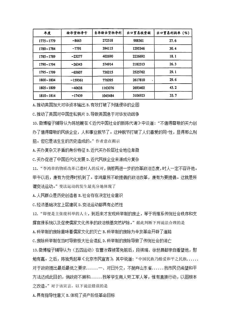 重庆市巴蜀中学2022-2023学年高三上学期适应性月考（二）历史（Word版附答案） 试卷03