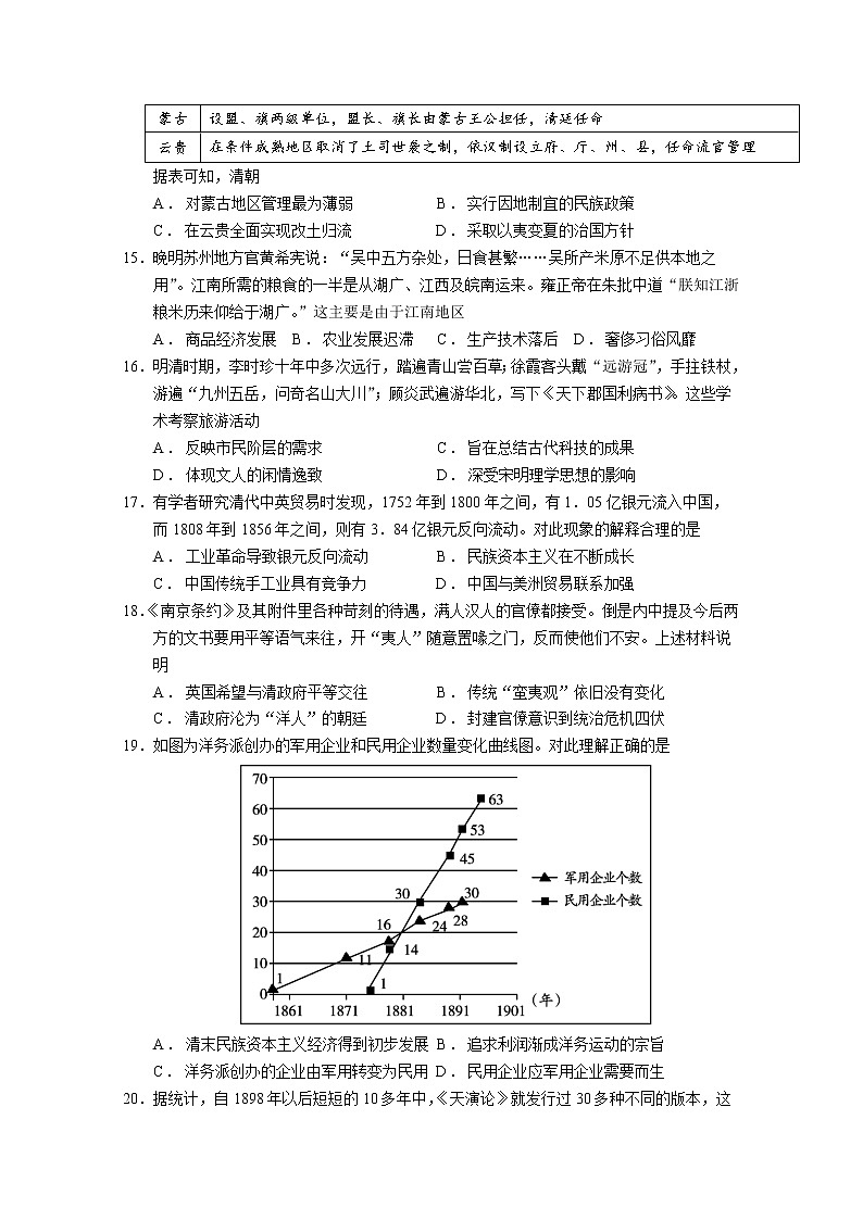 云南省玉溪市一中2023届高三历史上学期开学考试试题（Word版附答案）03