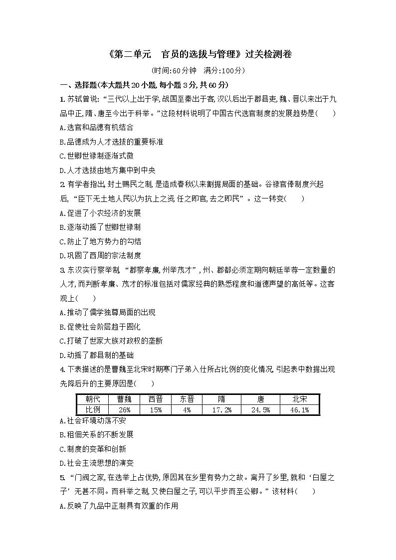 2022-2023学年高中历史统编版（2019）选择性必修一第二单元 官员的选拔与管理 过关检测卷第1页