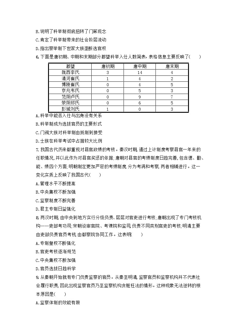 2022-2023学年高中历史统编版（2019）选择性必修一第二单元 官员的选拔与管理 过关检测卷第2页