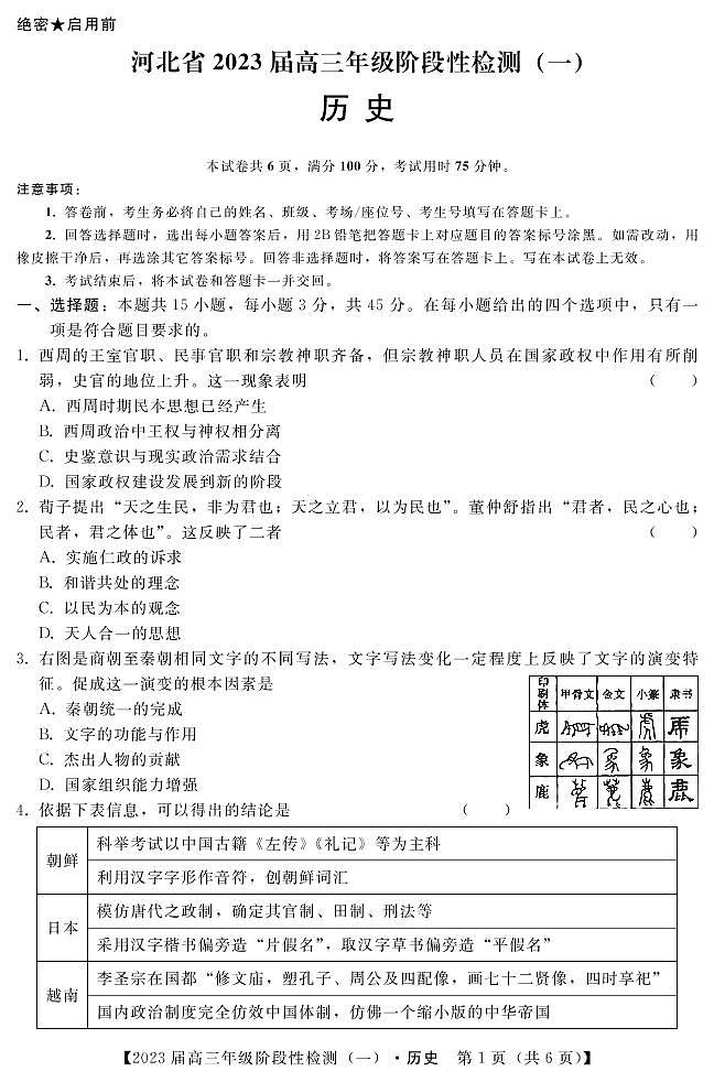 2023届河北省部分重点中学高三上学期阶段性检测（一）历史试题（含答案）01