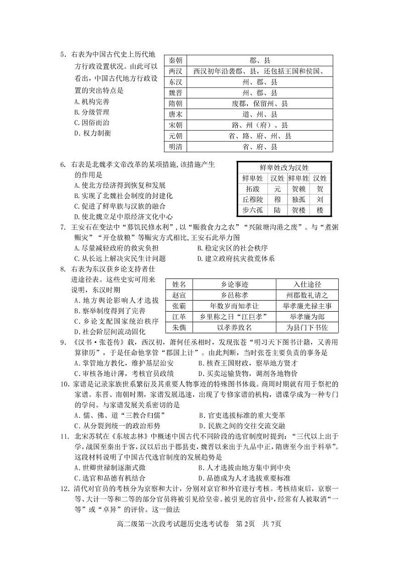 2023佛山一中高二上学期第一次段考试题（10月）历史含答案02
