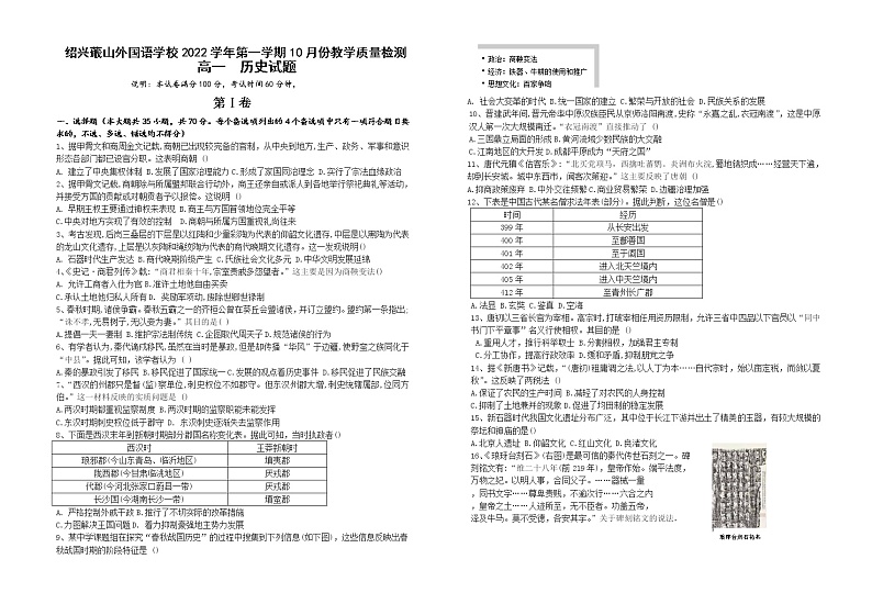 2023绍兴蕺山外国语学校高一上学期10月检测历史试题无答案01