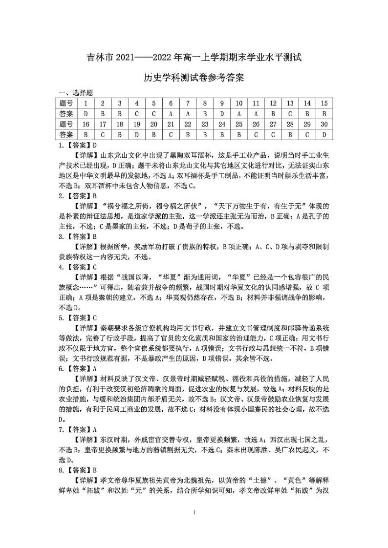 吉林市高一历史期末测试参考答案1第1页