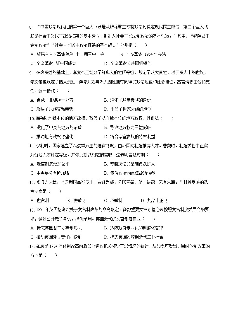 河北省唐山市2022-2023学年高二上学期期中历史模拟试卷02