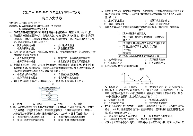 黑龙江省哈尔滨市宾县第二中学2022-2023学年高二上学期第一次月考历史试题第1页