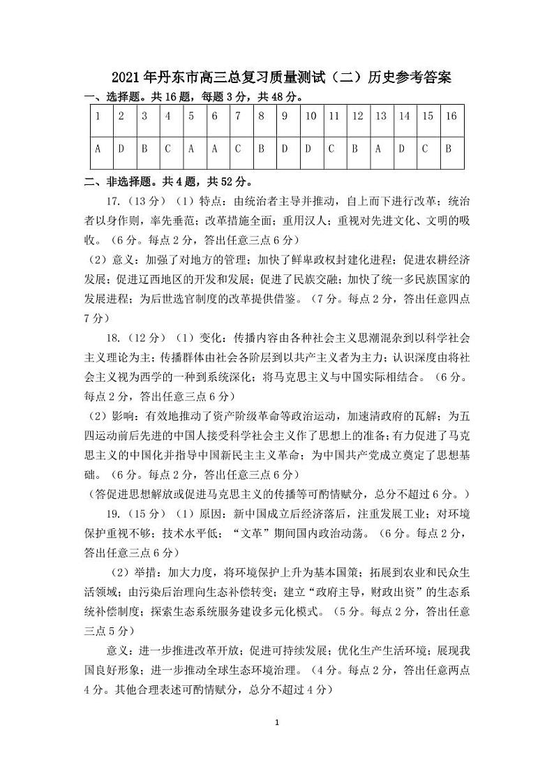 2021丹东高三下学期5月总复习质量测试（二）（二模）历史试题PDF版含答案01