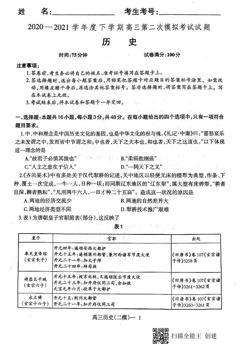 2021届辽宁省辽南协作校（朝阳市）高三第二次模拟考试历史试题（图片版，无答案）第1页