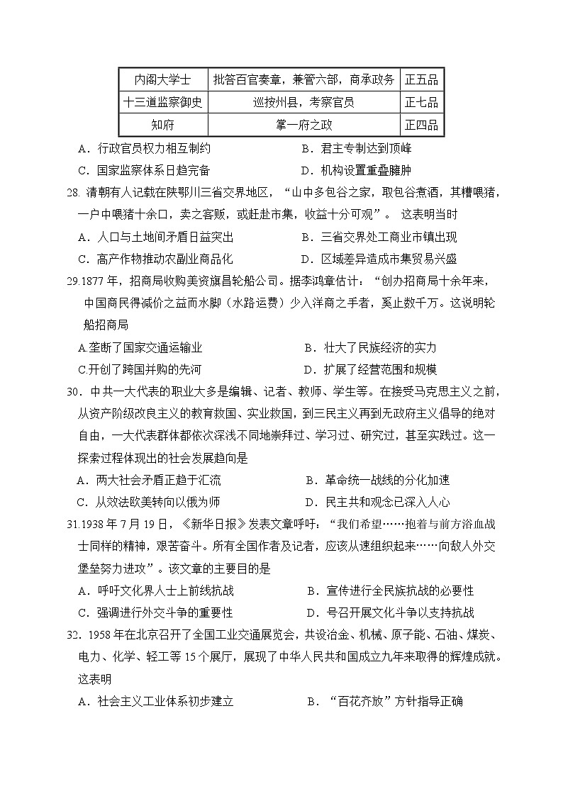 2021西安中学高三第四次模拟考试历史试题含答案02