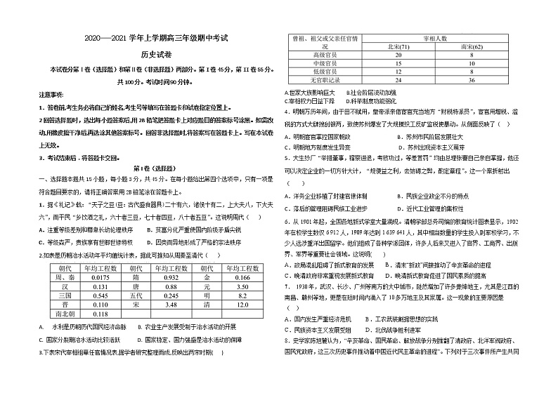 2021衡水武邑武罗学校高三上学期期中考试历史试题含答案第1页