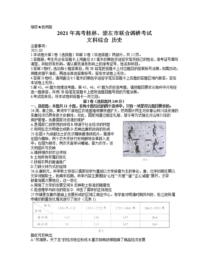 2021桂林、崇左高三联合调研考试（二模）文科综合历史试题含答案01