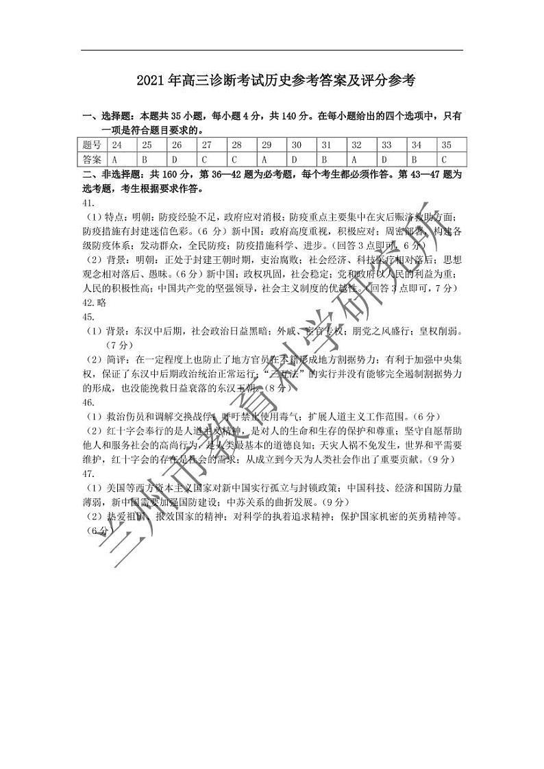 2021兰州高三下学期第一次诊断性考试（一模）历史试题含答案01