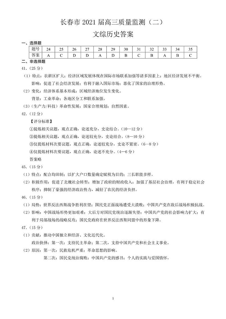 2021长春高三下学期质量监测（二）（二模）文科综合历史试题含答案01