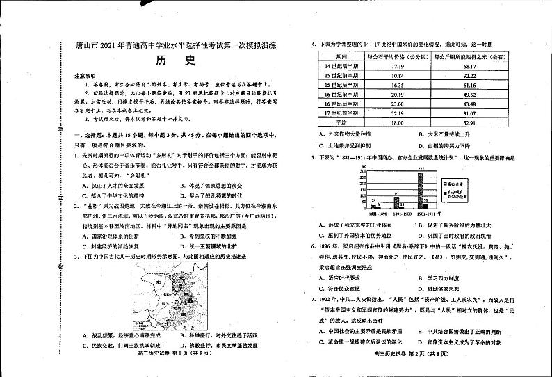 2021唐山高三高考一模考试历史试题扫描版含答案01