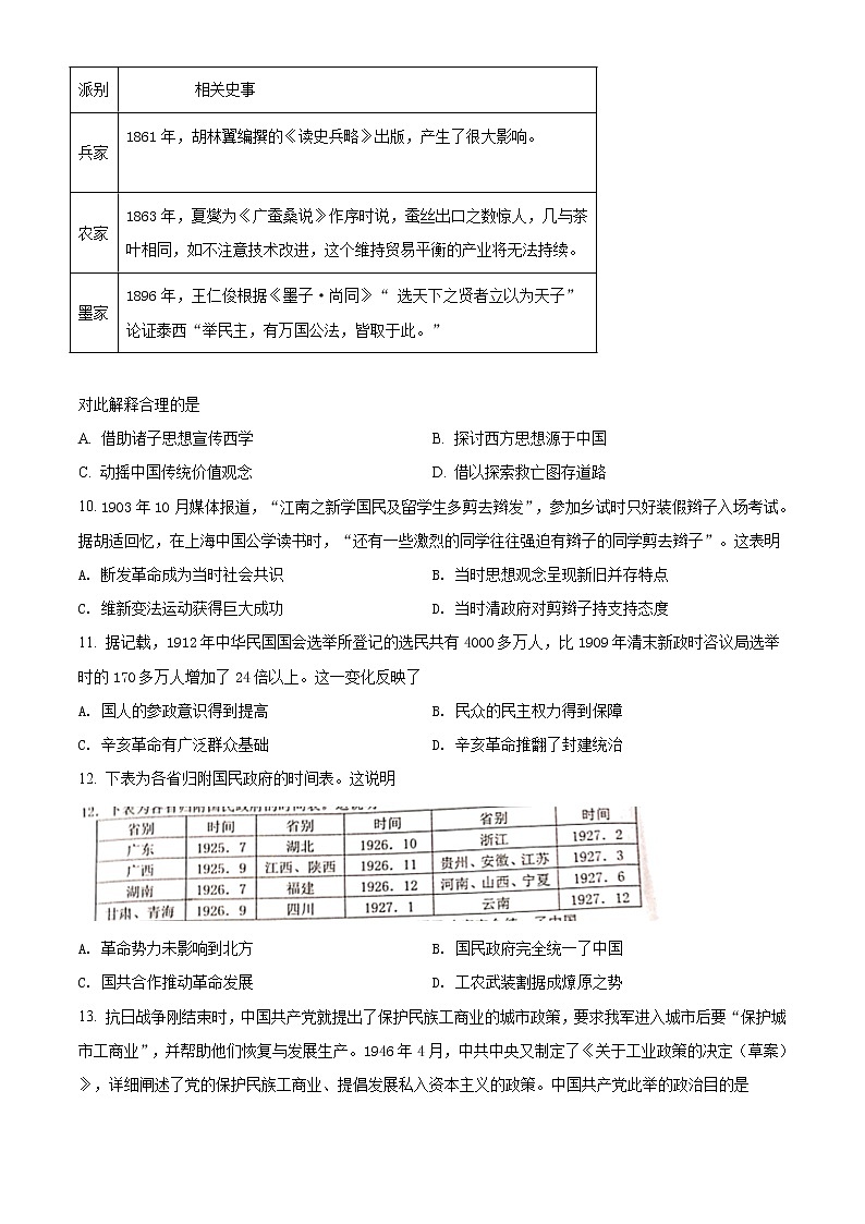 2021赣州高三上学期期末考试历史试题含解析03