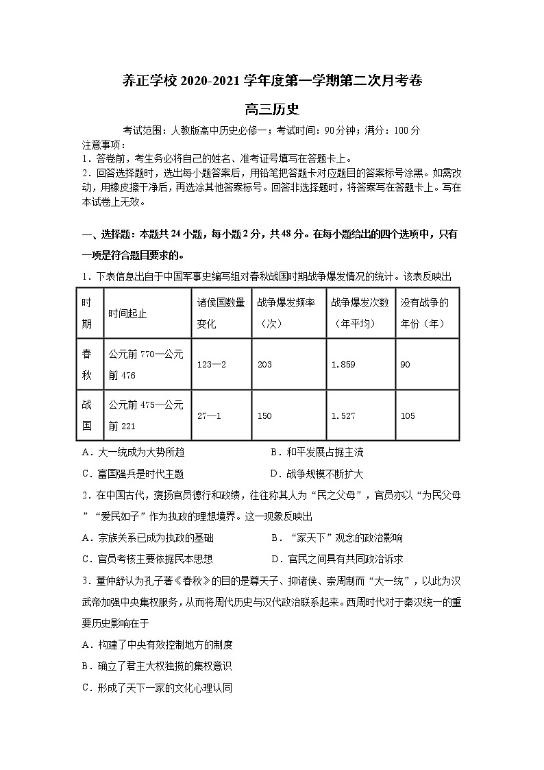 2021贵阳清镇养正学校高三上学期第二次月考历史试题含答案01