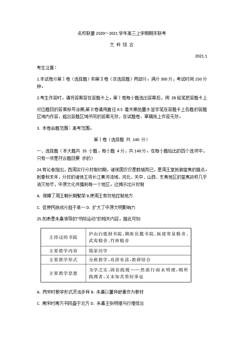 2021河南省名校联盟高三上学期期末联考文科综合历史试题含答案01