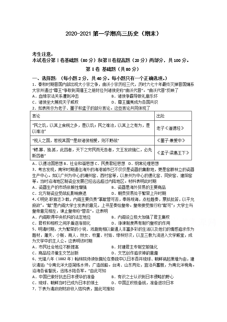 2021天津静海区一中高三上学期期末考试历史试题含答案01