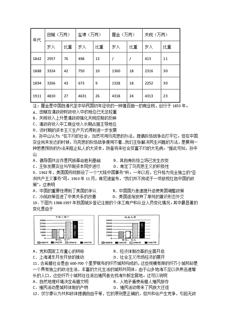 2021天津静海区一中高三上学期期末考试历史试题含答案02