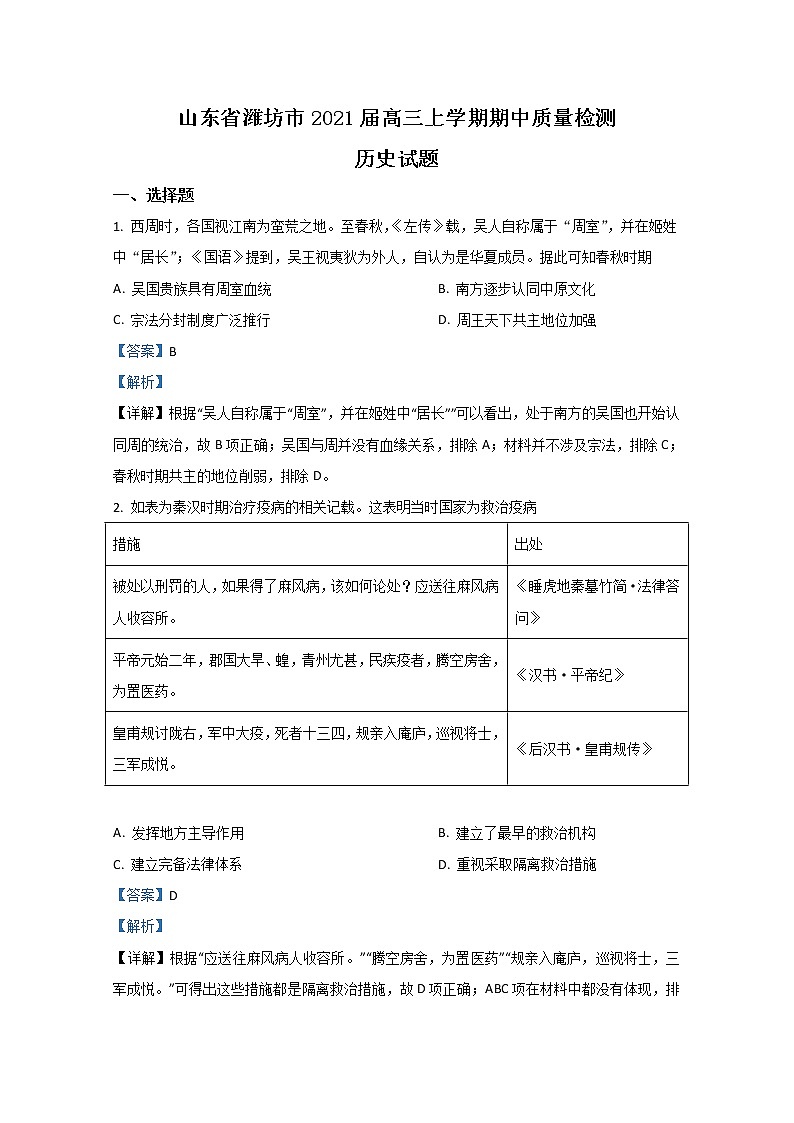 2021【KS5U解析】潍坊高三上学期期中考试历史试题含解析第1页