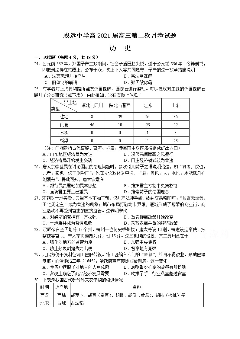 2021内江威远中学高三上学期第二次月考文综-历史试题含答案01
