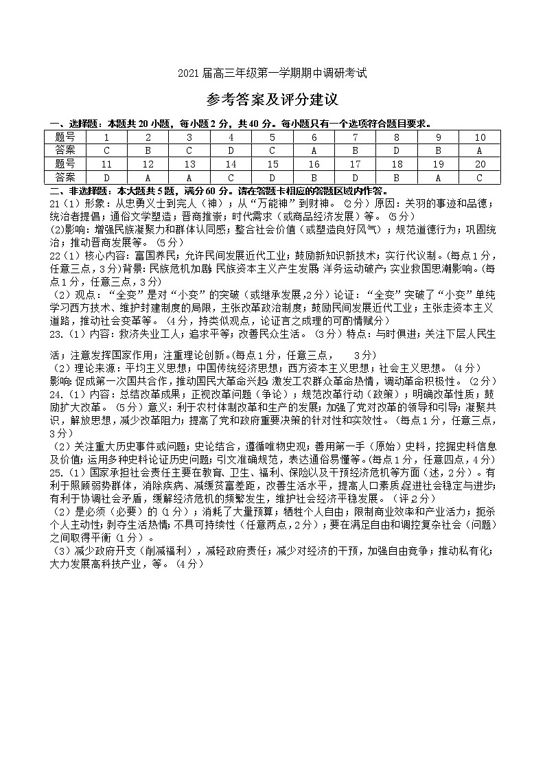 2021连云港高三上学期期中历史试题含答案01