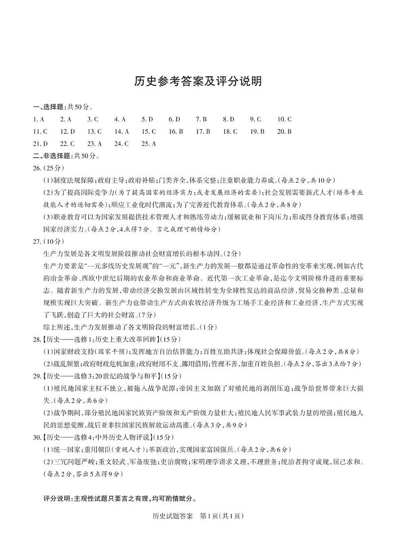 山西灵丘豪洋中学2021届高三阶段性测评考试历史答案（PDF版）第1页