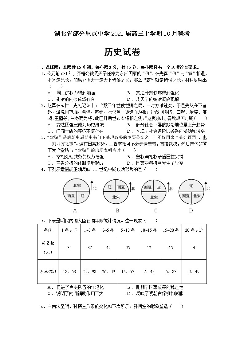 2021湖北省部分重点中学高三上学期10月联考历史试卷含答案第1页
