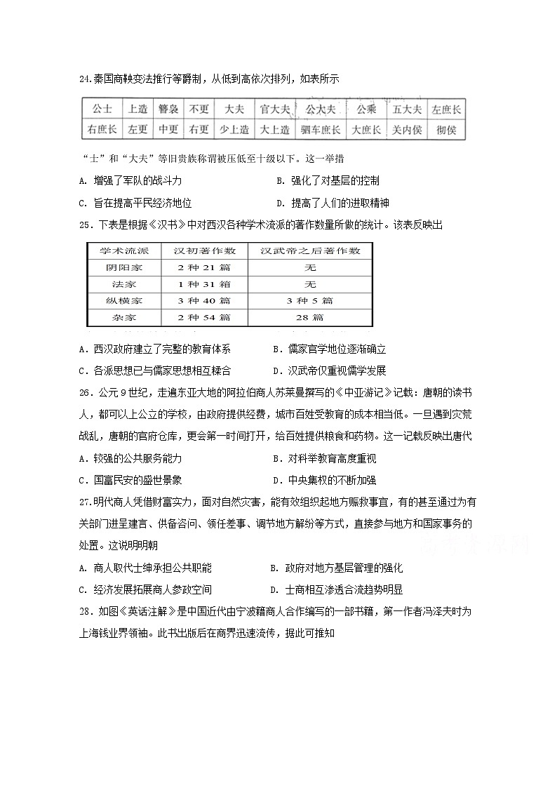 2021四川省威远中学高三（补习班）上学期第一次月考文综-历史试题含答案01
