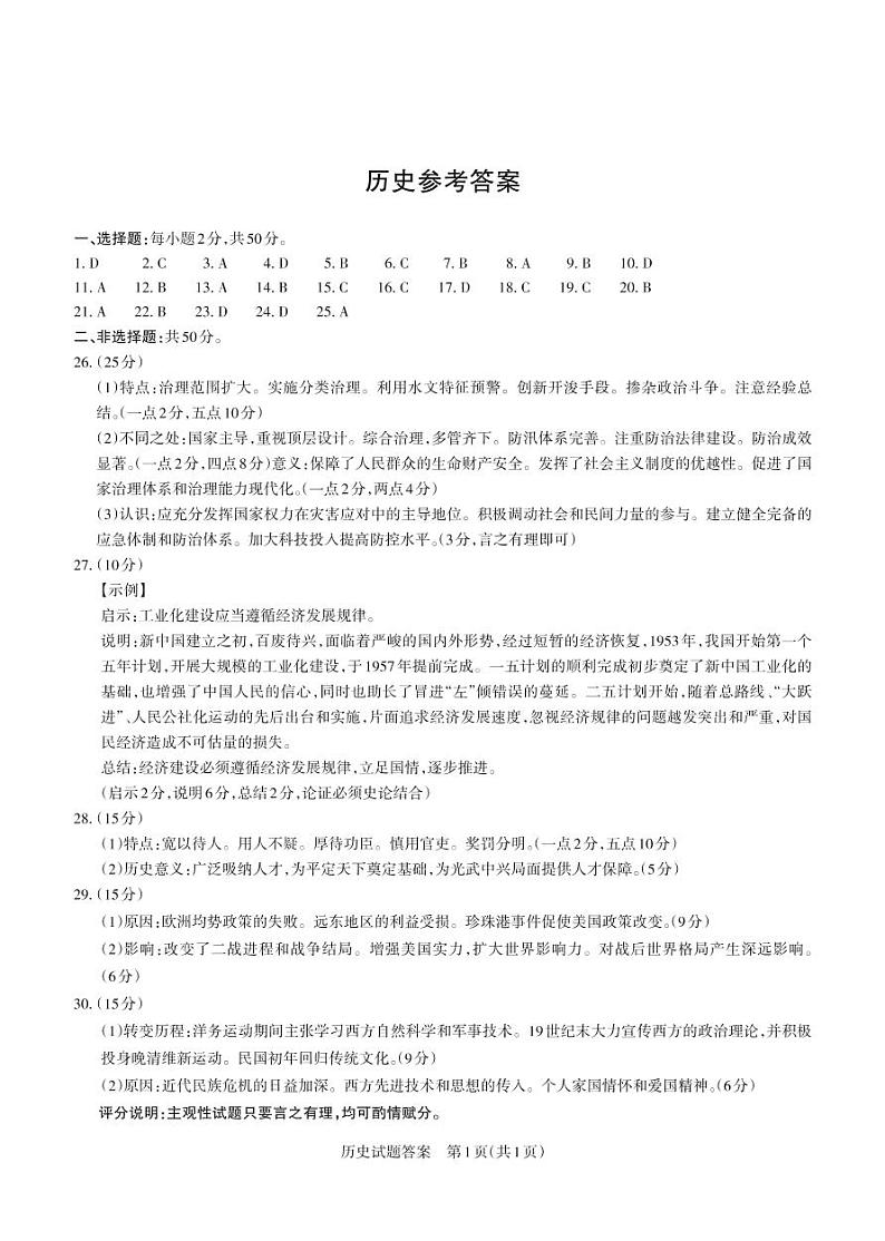 山西省2021届高三阶段性测试历史答案（PDF版）第1页