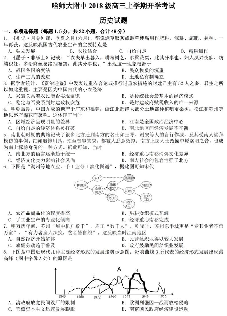 2021黑龙江省哈师大附中高三上学期开学考试历史试卷PDF版含答案第1页