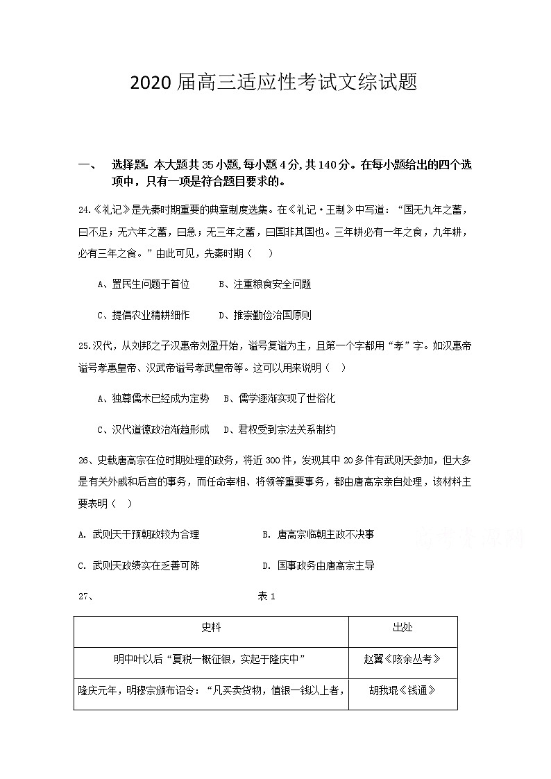 2020上饶横峰中学高三下学期高考适应性考试历史试题含答案第1页