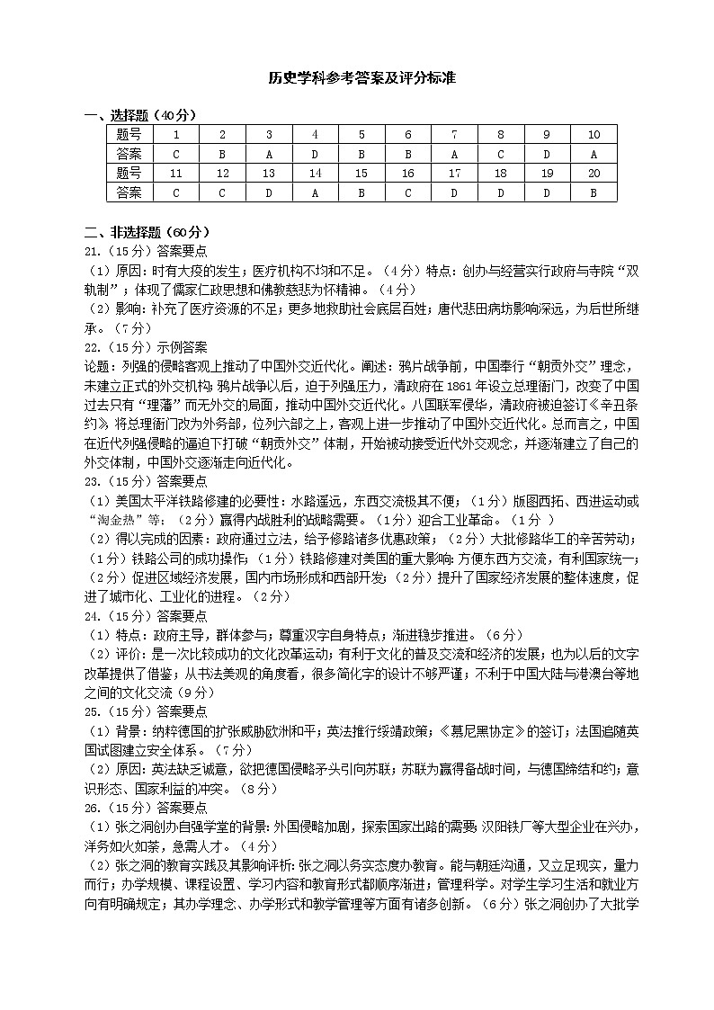 海口市2020年高考调研历史模拟参考答案及评分标准第1页