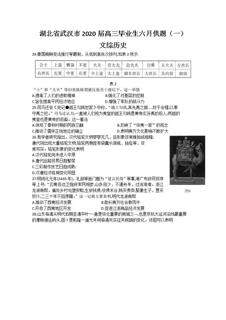 2020武汉高三毕业生六月供题（一）文综历史试题含答案01